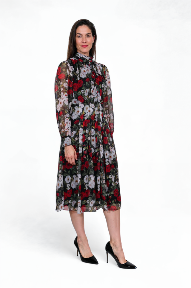 Mikael Aghal Floral Print Sheer Sleeve Midi Dress