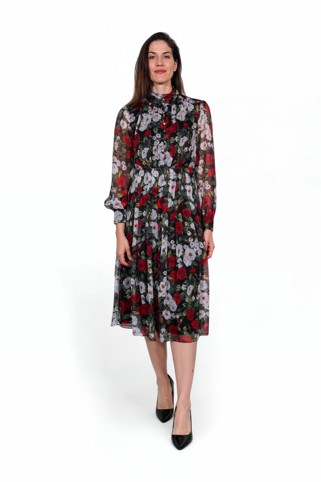 Mikael Aghal Floral Print Sheer Sleeve Midi Dress