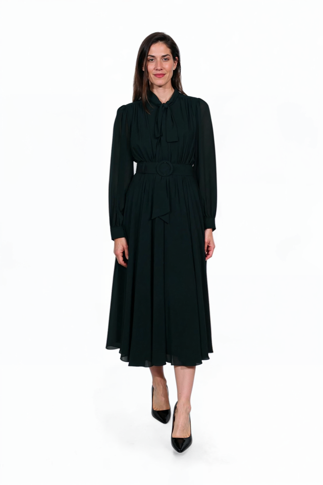 Mikael Aghal Black Belted Midi Dress with Bow Tie Neck