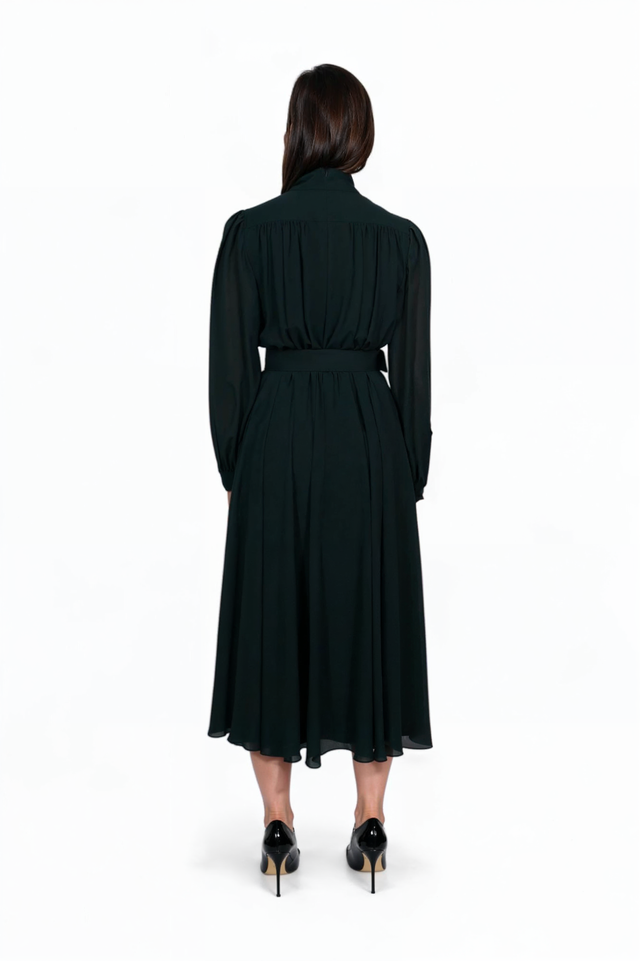 Mikael Aghal Black Belted Midi Dress with Bow Tie Neck