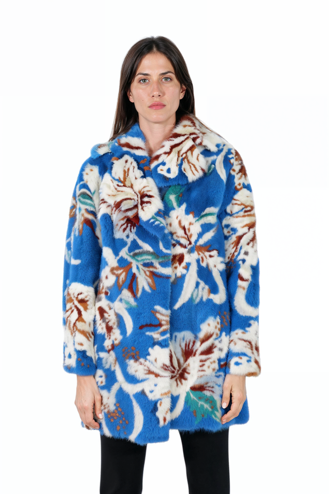 Valentino – Geblümter blauer Nerzpelzmantel