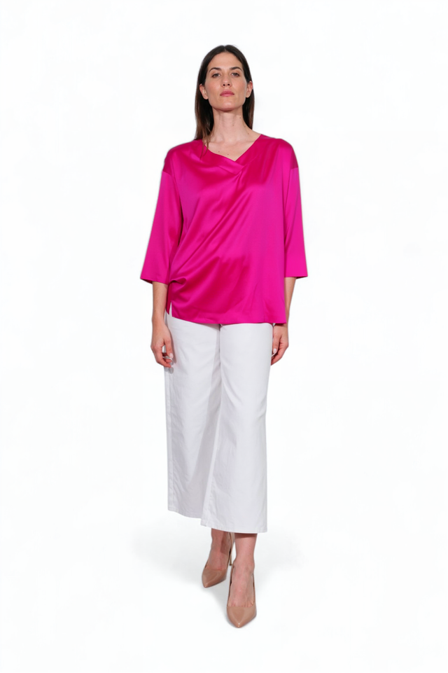 Fabiana Filippi Fuchsia Satin Drape V-Neck Blouse
