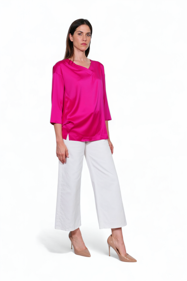 Fabiana Filippi Fuchsia Satin Drape V-Neck Blouse