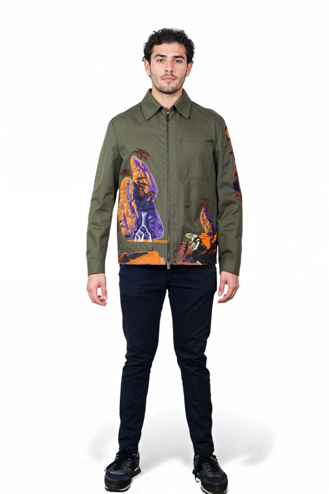 Valentino Embroidered Desert Landscape Zip Jacket in Olive Green