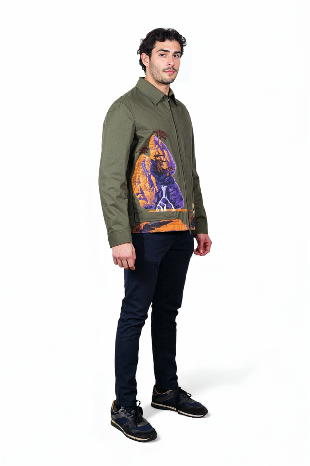 Valentino Embroidered Desert Landscape Zip Jacket in Olive Green