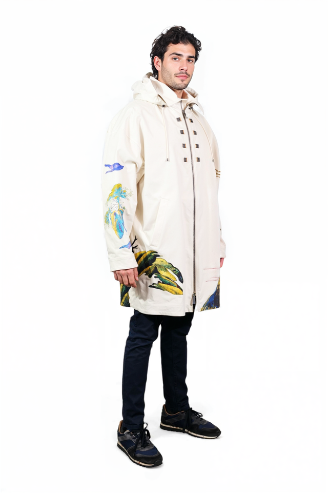 Valentino Men’s Artistic Print Hooded Coat in Ivory