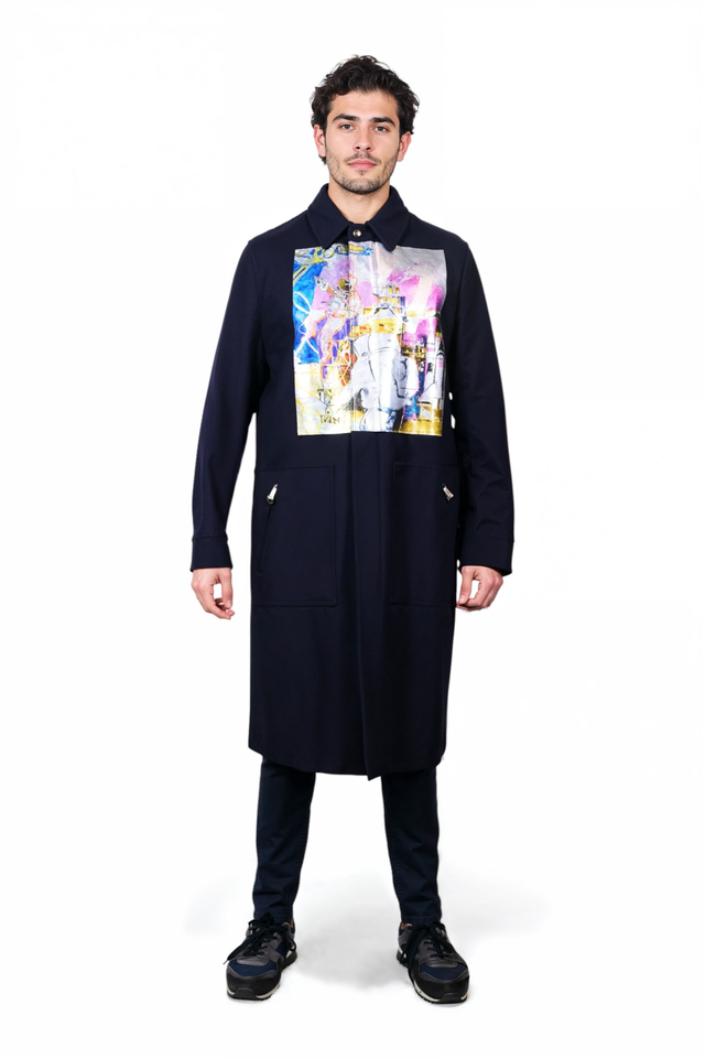 Valentino Men’s Navy Coat with Multicolor Artistic Front Panel
