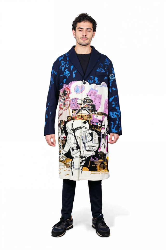 Valentino Space-Themed Artistic Print Coat in Navy & Multicolor