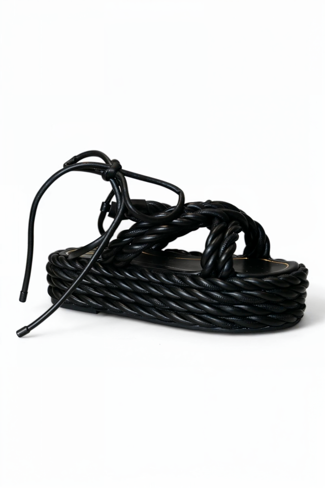 Valentino Garavani Elegant Black Braided Strap Flat Sandals with Ankle Tie