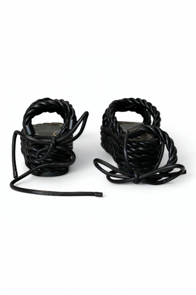 Valentino Garavani Elegant Black Braided Strap Flat Sandals with Ankle Tie