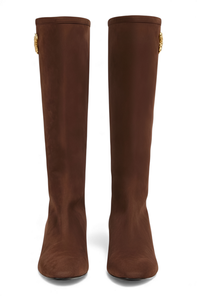 Valentino Garavani Rote kniehohe Stiefel für Damen mit goldener Verzierung