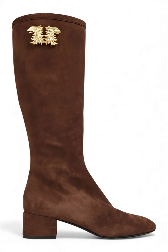 Valentino Garavani Embroidered Suede Knee-High Boots — Chestnut Brown