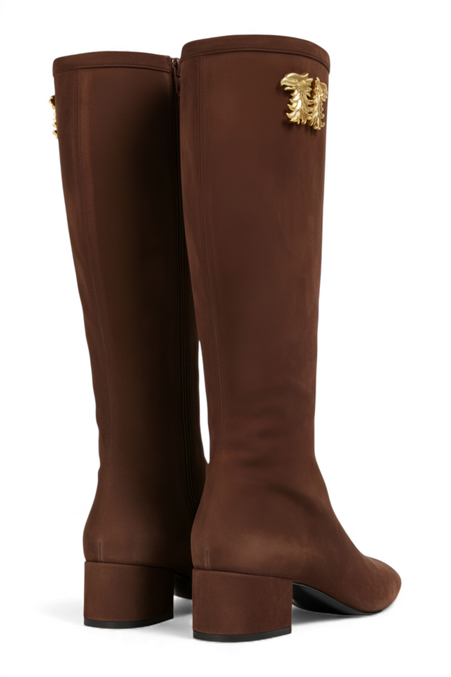 Valentino Garavani Embroidered Suede Knee-High Boots — Chestnut Brown