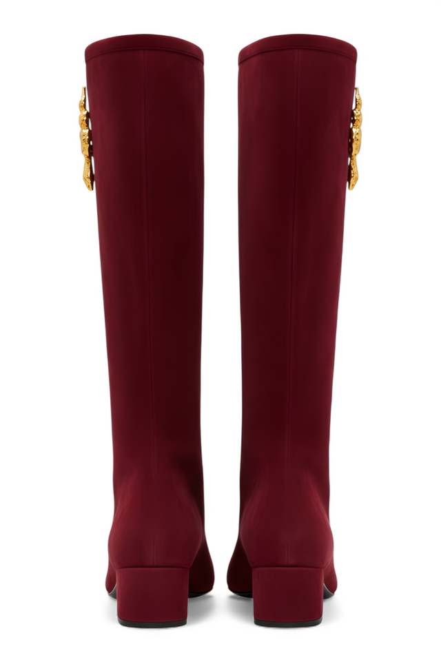 Valentino Garavani Kniehohe Stiefel aus burgunderfarbenem Samt mit goldener Schlangenverzierung für Damen