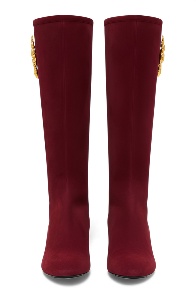 Valentino Garavani Kniehohe Stiefel aus burgunderfarbenem Samt mit goldener Schlangenverzierung für Damen