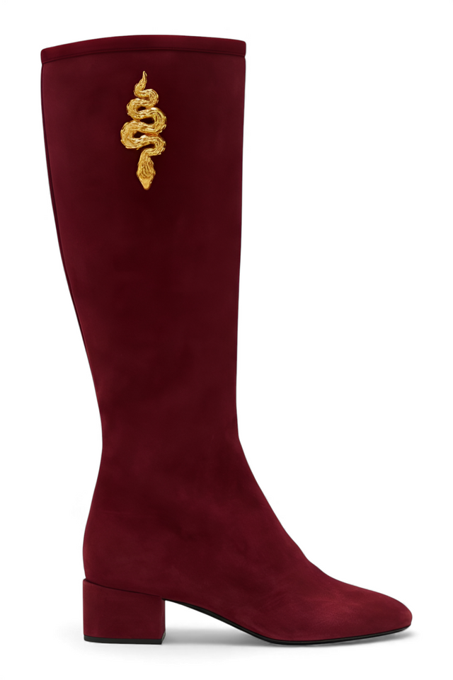 Valentino Garavani Embroidered Suede Knee-High Boots — Bordeaux