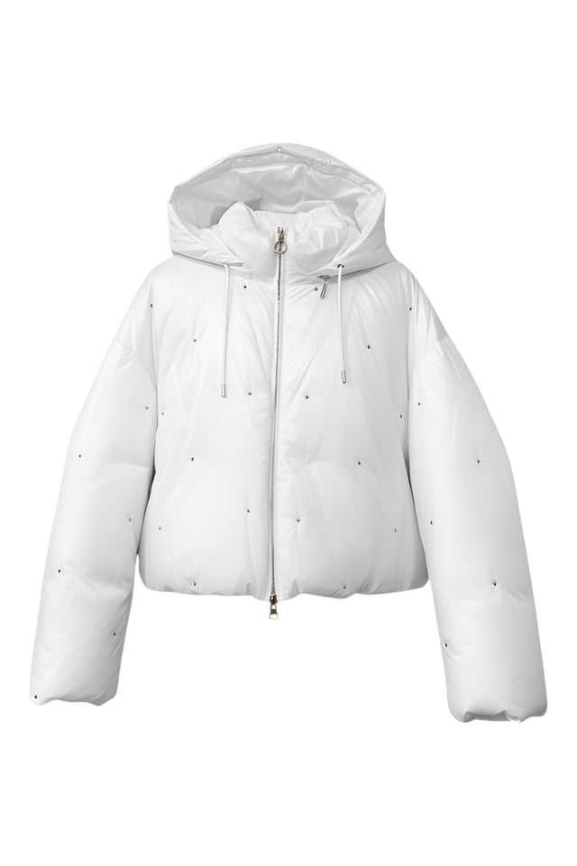 Valentino White Down Hooded Puffer Jacket with Stud Detailing