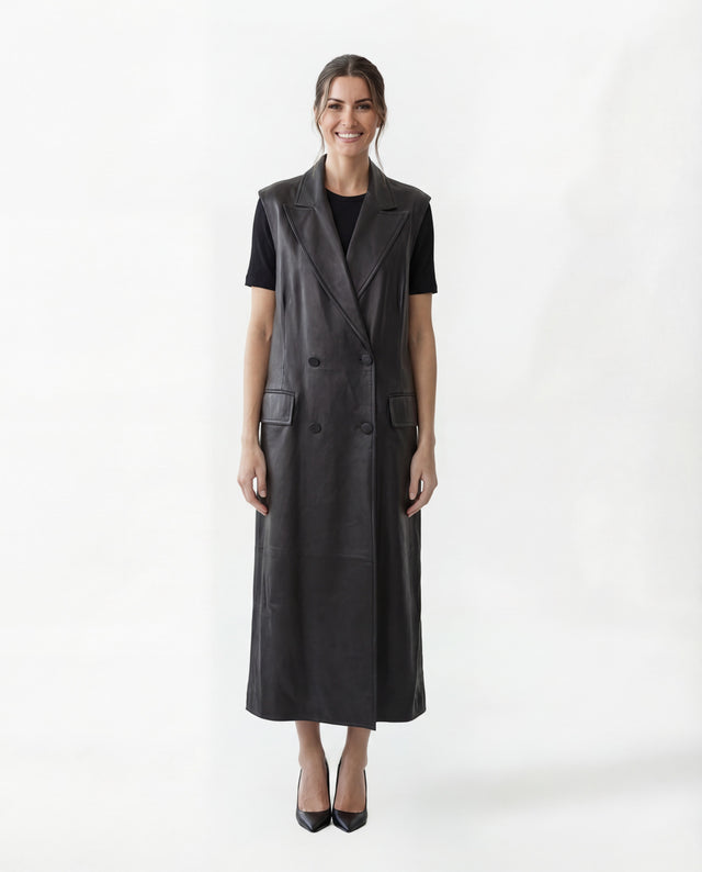 Valentino black leather sleeveless trench coat
