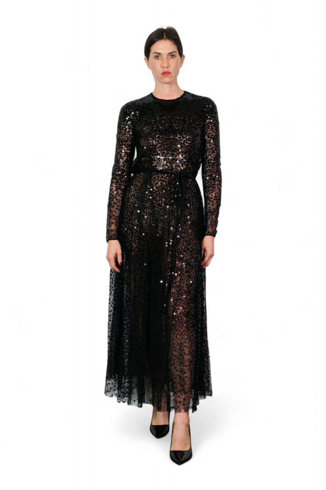 Valentino Sequin Embellished Sheer Tulle Dress — Black