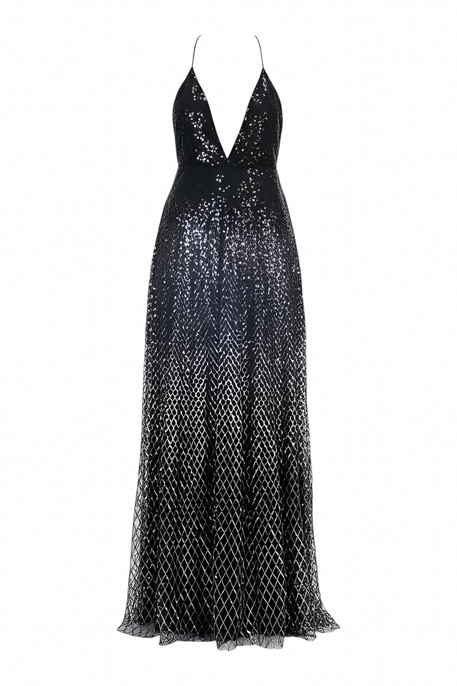 Valentino Black Metallic Sequin Gown with Plunging Neckline