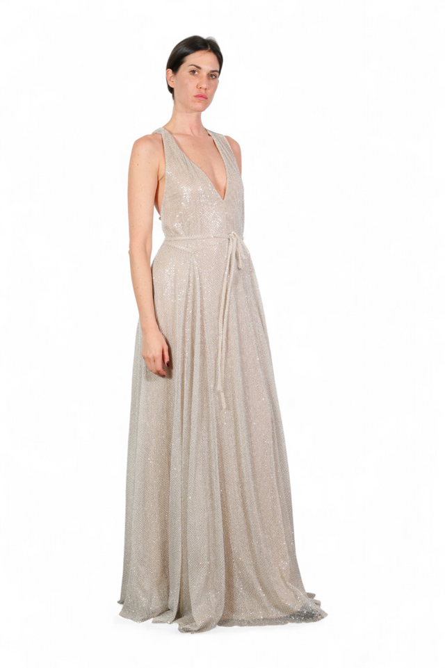 Valentino Metallic Pleated Gown — Champagne