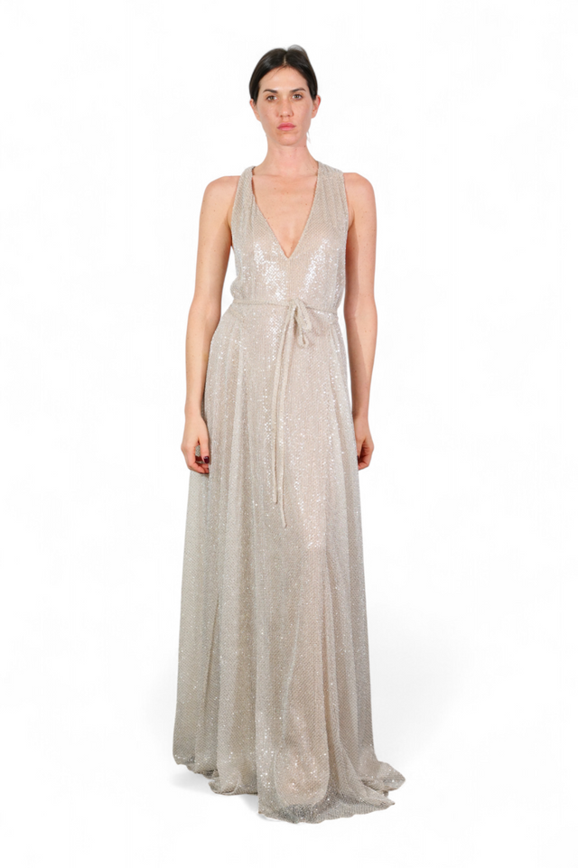 Valentino Metallic Pleated Gown — Champagne