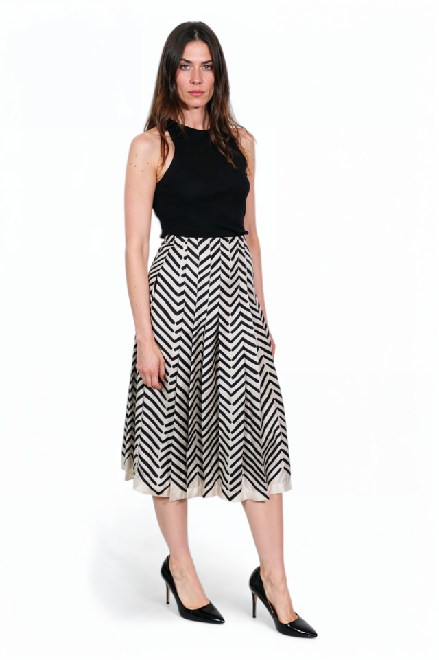 Valentino Black & White Chevron Pleated Midi Skirt