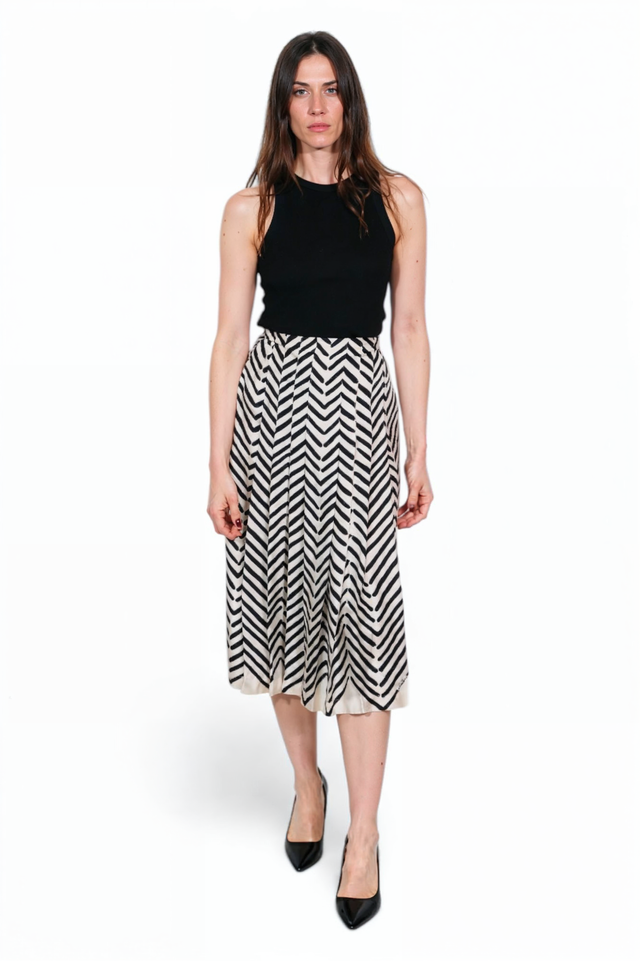 Valentino Black & White Chevron Pleated Midi Skirt