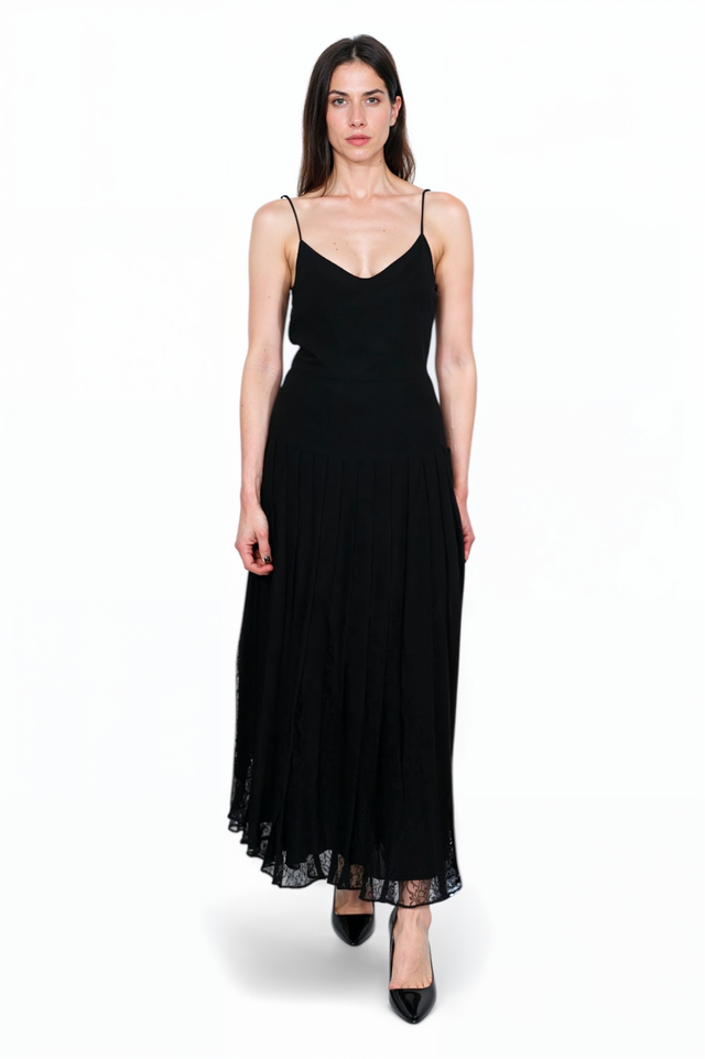 Valentino Black Pleated Lace-Trim Maxi Dress