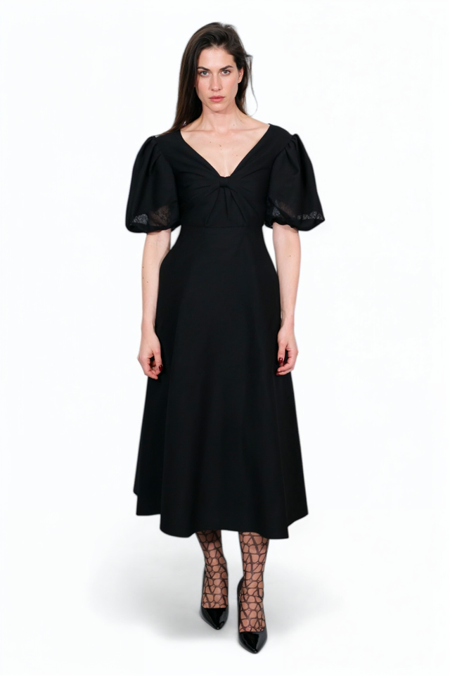 Valentino Puff-Sleeve Sweetheart Midi Dress