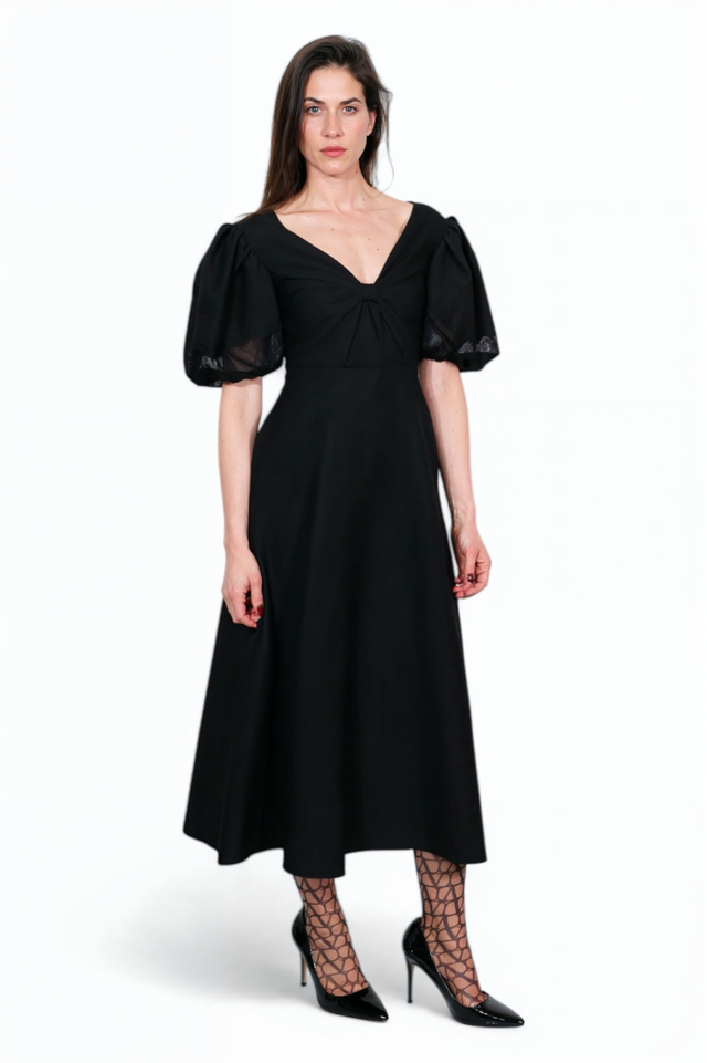 Valentino Puff-Sleeve Sweetheart Midi Dress