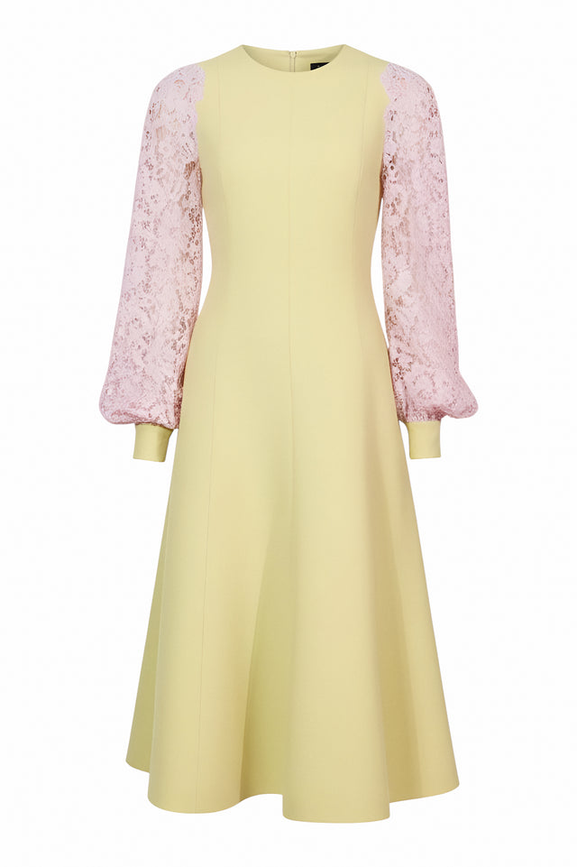 Valentino Lemon & Pink Lace Sleeve Midi Dress
