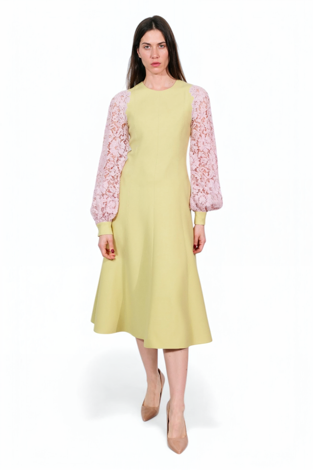 Valentino Lemon & Pink Lace Sleeve Midi Dress