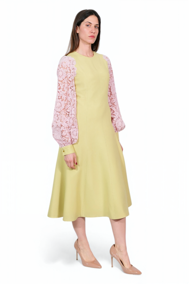 Valentino Lemon & Pink Lace Sleeve Midi Dress