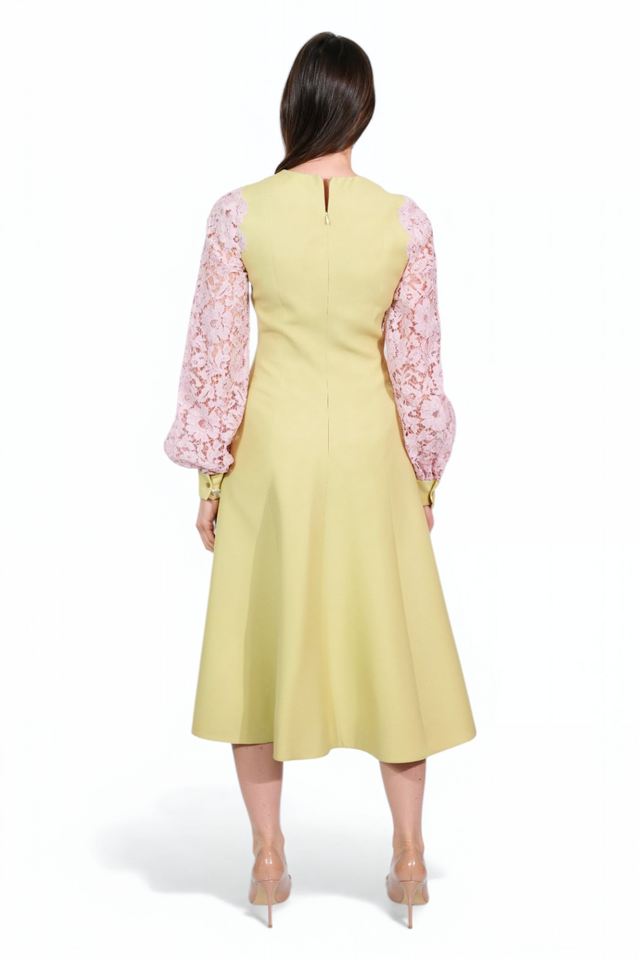 Valentino Lemon & Pink Lace Sleeve Midi Dress