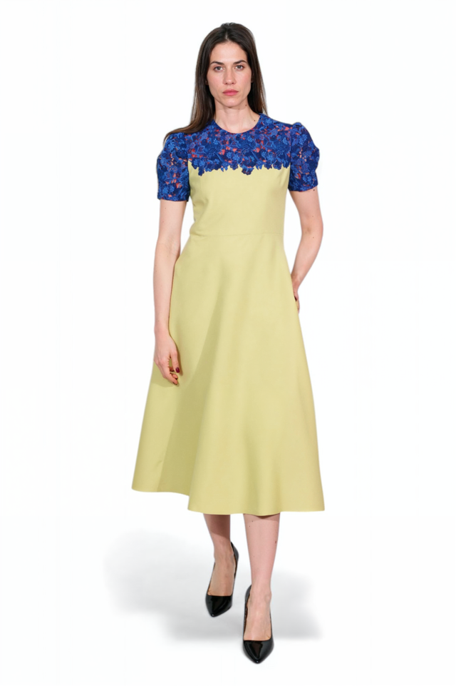 Valentino Chartreuse A-Line Dress with Embroidered Bodice