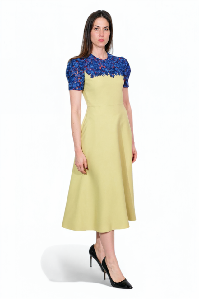 Valentino Chartreuse A-Line Dress with Embroidered Bodice