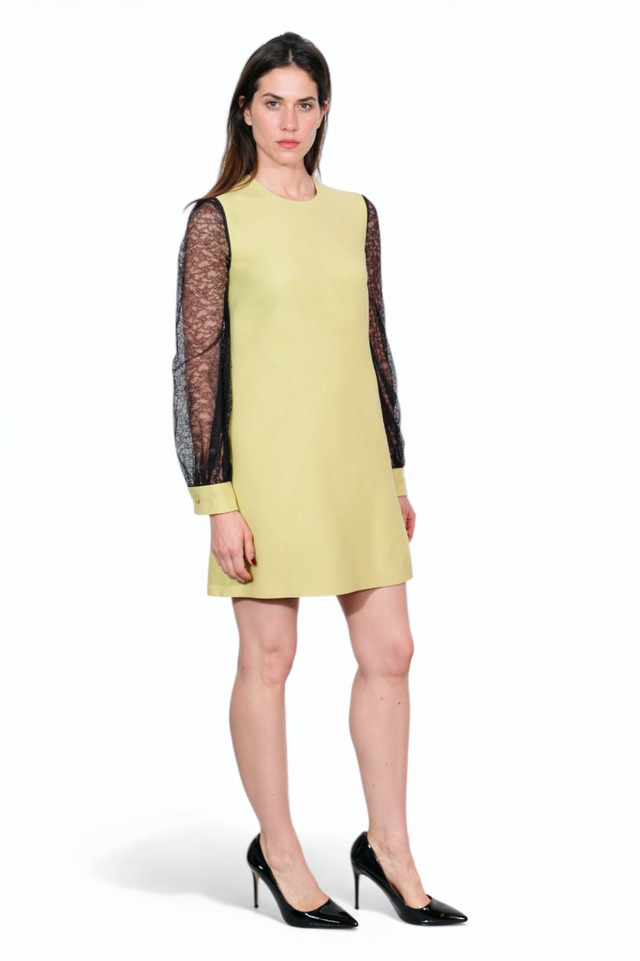 Valentino Chartreuse Mini Dress with Lace Sleeves