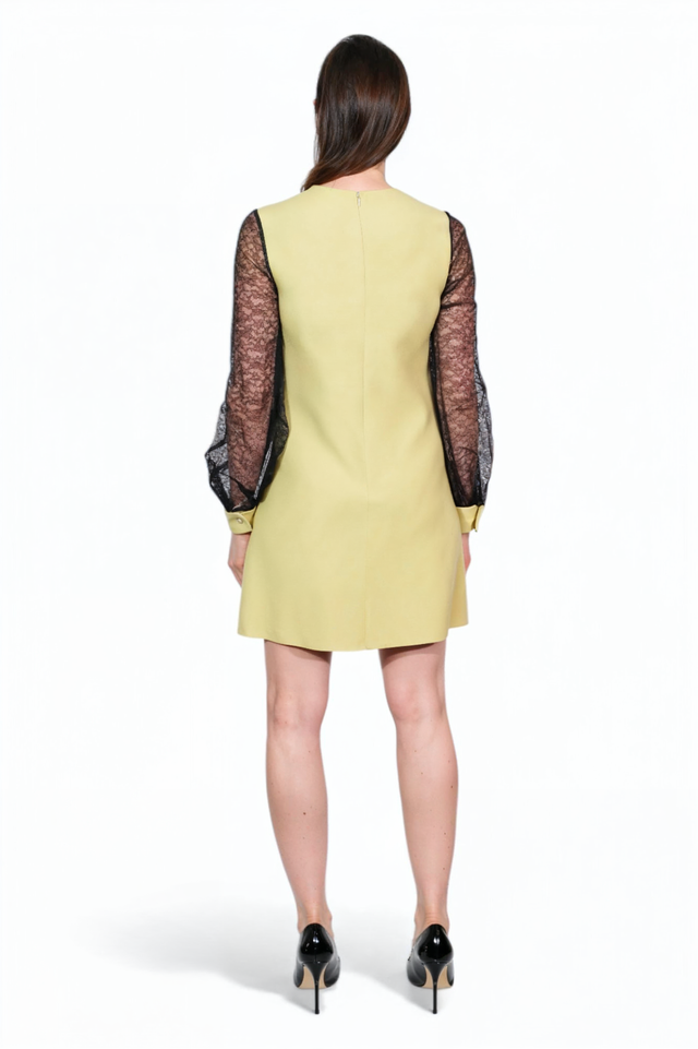 Valentino Chartreuse Mini Dress with Lace Sleeves