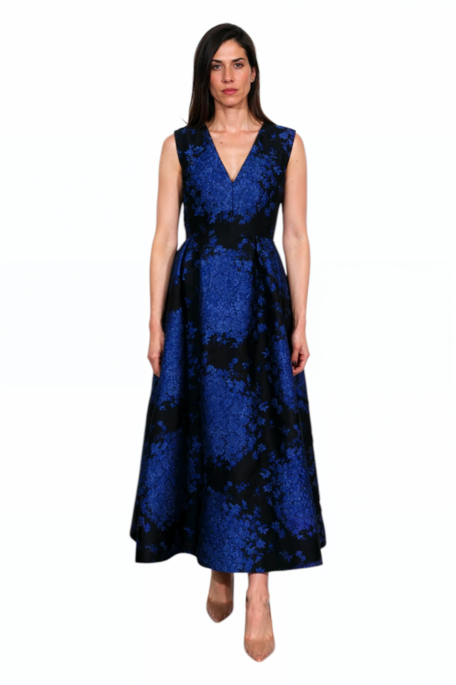Valentino Midnight Blue Floral Brocade Sleeveless Gown