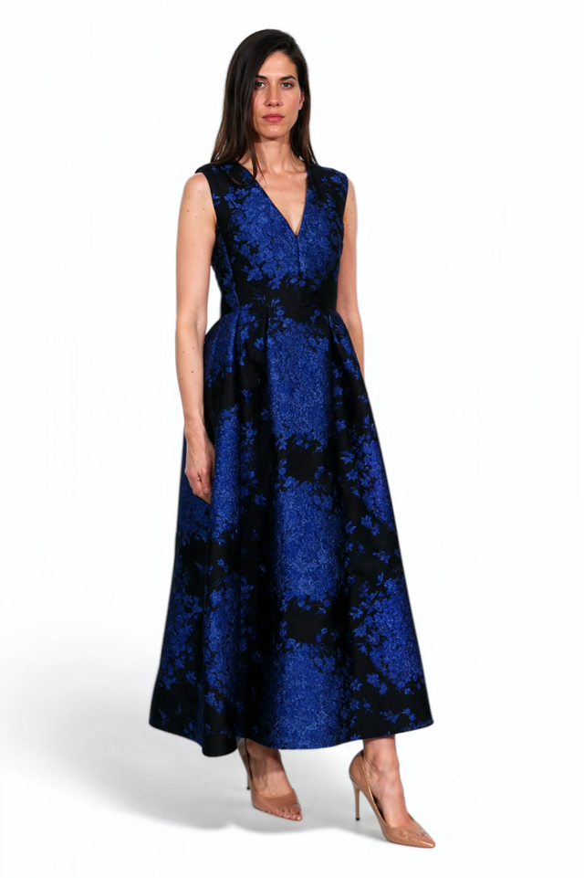Valentino Midnight Blue Floral Brocade Sleeveless Gown