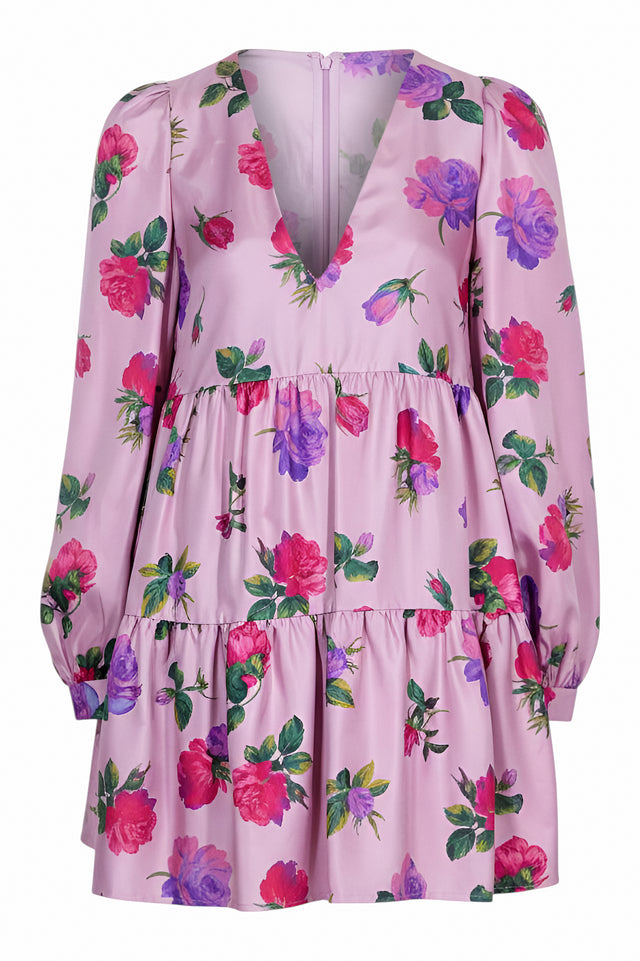 Valentino Long Sleeve Floral Tiered Mini Dress in Lilac