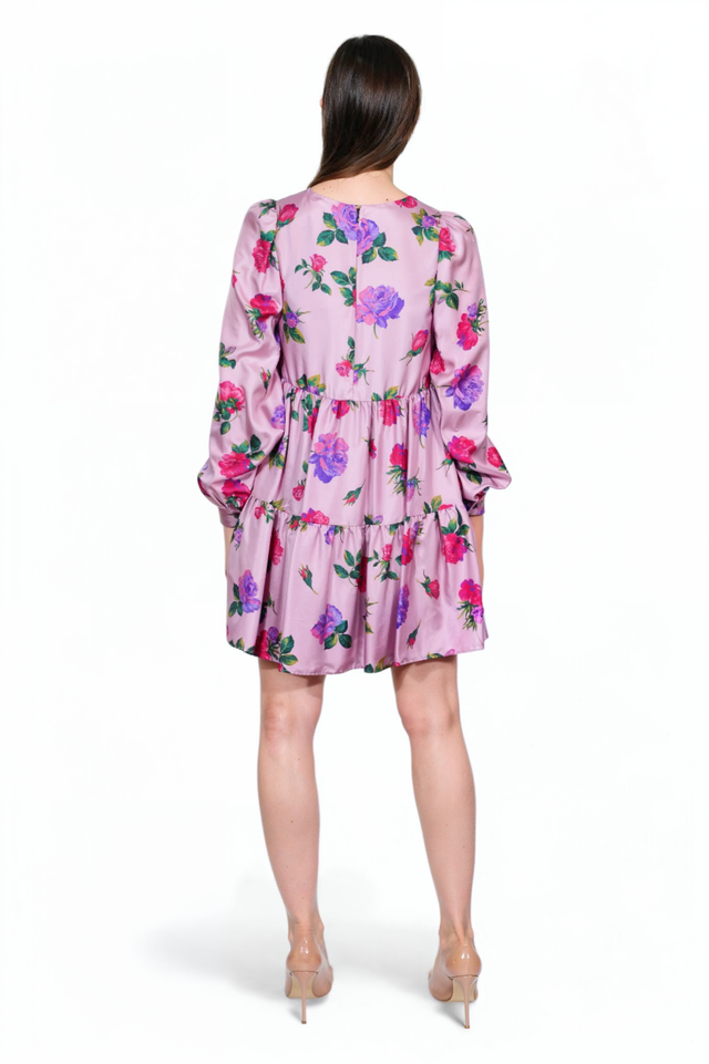 Valentino Long Sleeve Floral Tiered Mini Dress in Lilac