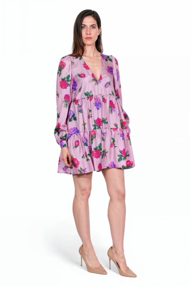 Valentino Long Sleeve Floral Tiered Mini Dress in Lilac