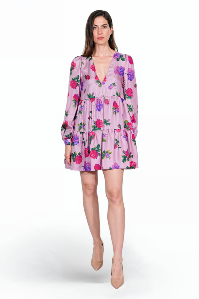 Valentino Long Sleeve Floral Tiered Mini Dress in Lilac
