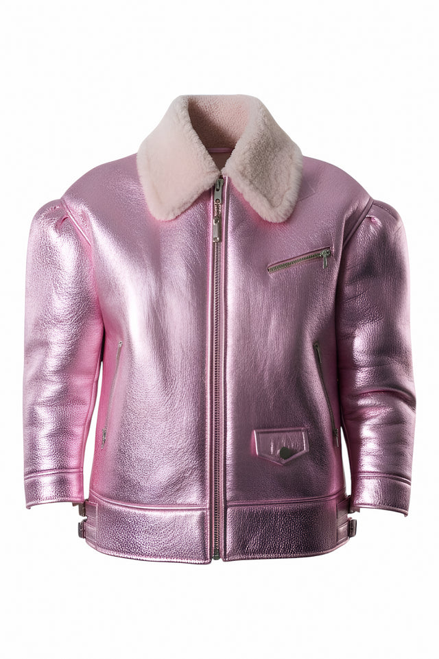 Valentino Metallic Pink Shearling Collar Jacket