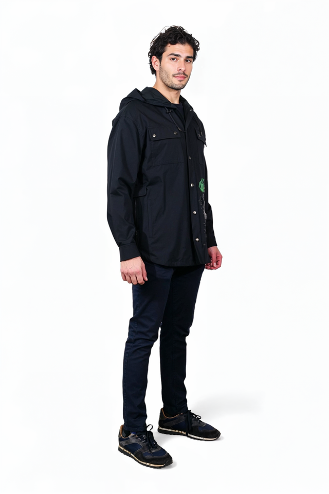 Valentino Men’s Black Hooded Jacket with Green & Silver Graphic Embroidery