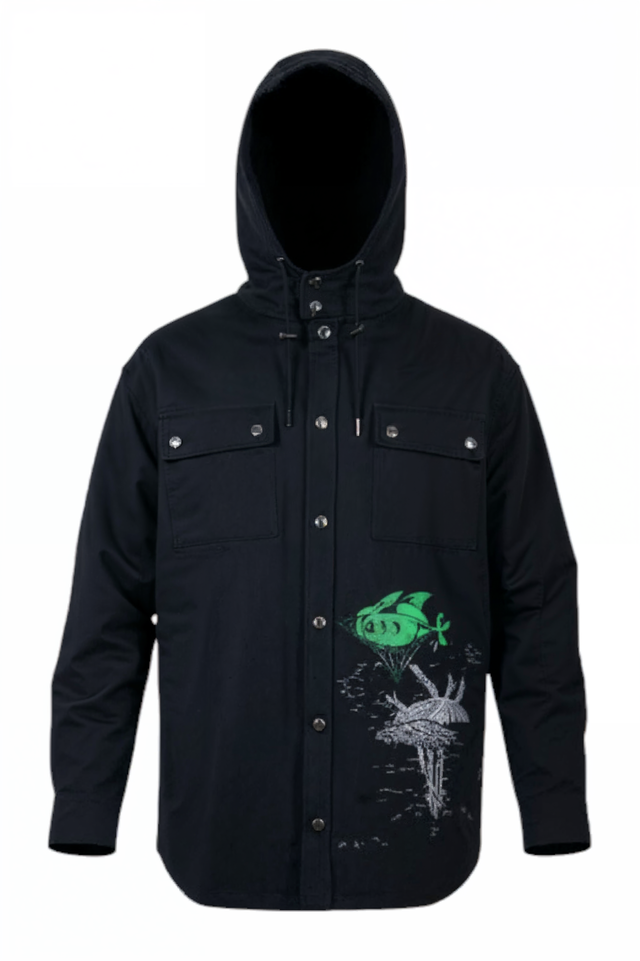 Valentino Men’s Black Hooded Jacket with Green & Silver Graphic Embroidery