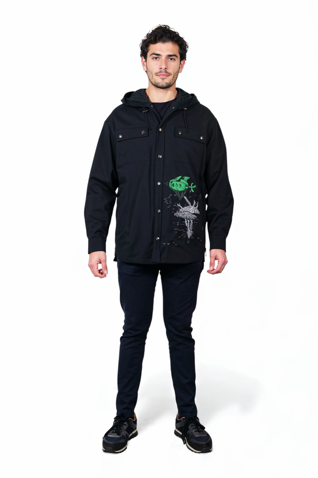 Valentino Men’s Black Hooded Jacket with Green & Silver Graphic Embroidery