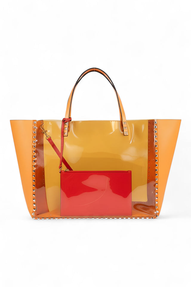 Valentino Garavani Rockstud Transparent PVC & Leather Tote Bag in Orange